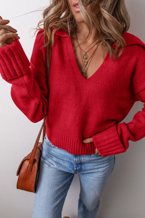 Collared V Neck Relaxed Fit Ribbed Hem Pullover Sweater