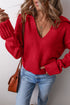 Collared V Neck Relaxed Fit Ribbed Hem Pullover Sweater