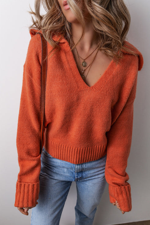 Collared V Neck Relaxed Fit Ribbed Hem Pullover Sweater