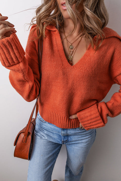 Collared V Neck Relaxed Fit Ribbed Hem Pullover Sweater