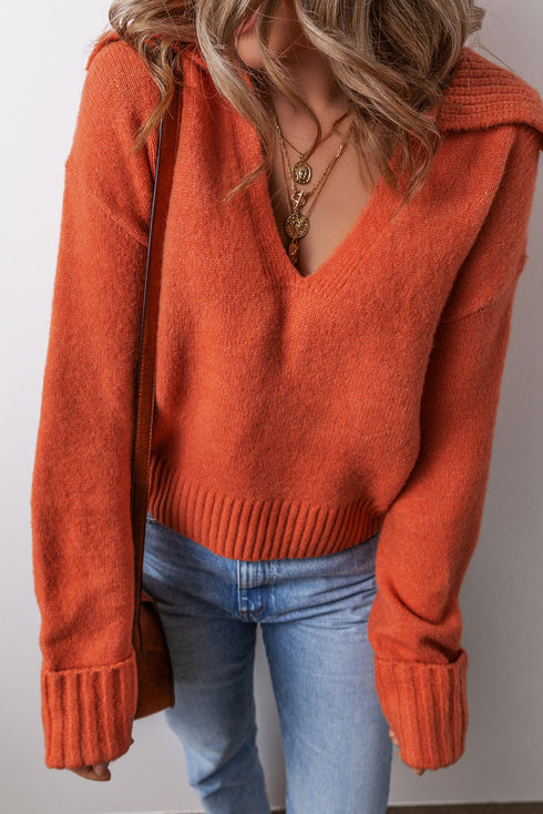 Collared V Neck Relaxed Fit Ribbed Hem Pullover Sweater