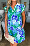 Collared V Neck Ruffled Cap Sleeve Shift Floral Dress