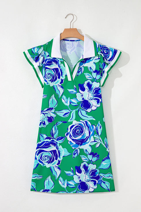 Collared V Neck Ruffled Cap Sleeve Shift Floral Dress