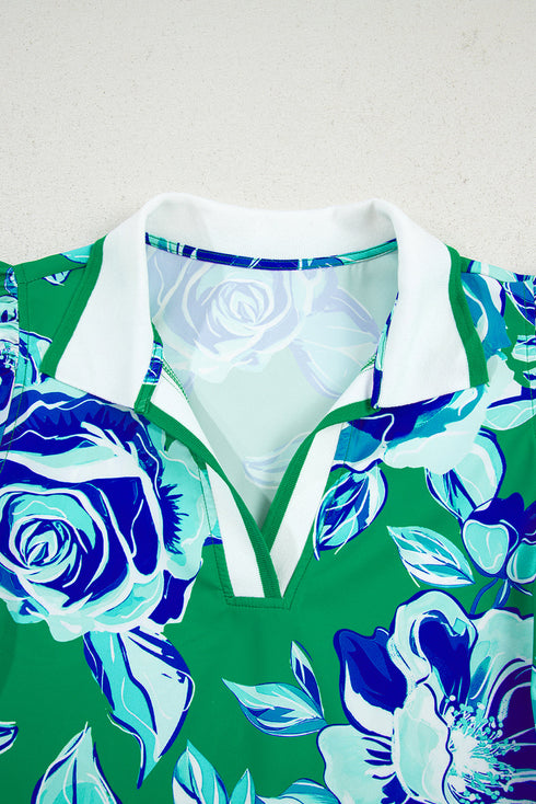 Collared V Neck Ruffled Cap Sleeve Shift Floral Dress