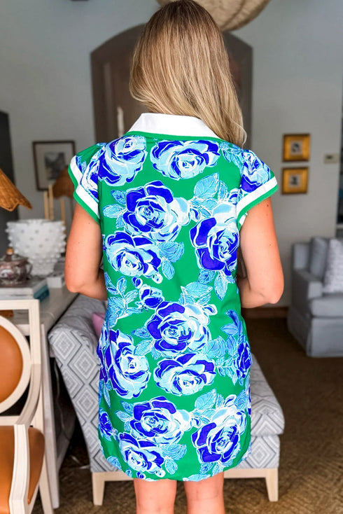 Collared V Neck Ruffled Cap Sleeve Shift Floral Dress