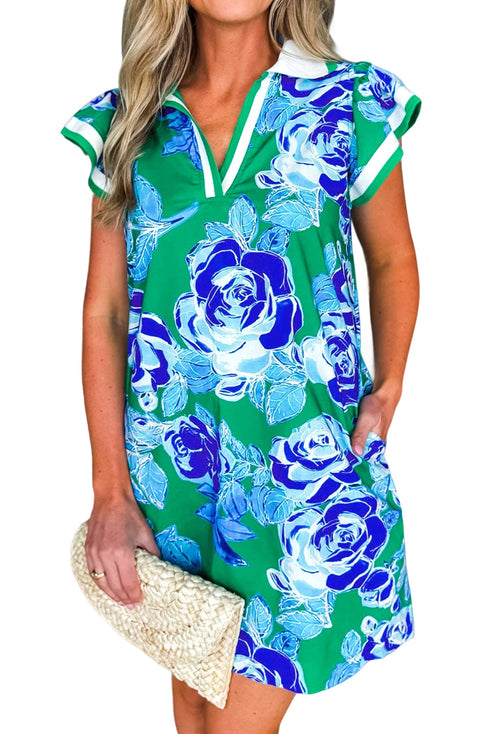 Collared V Neck Ruffled Cap Sleeve Shift Floral Dress