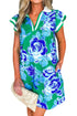 Collared V Neck Ruffled Cap Sleeve Shift Floral Dress