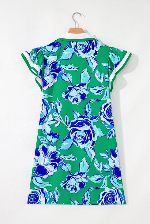 Collared V Neck Ruffled Cap Sleeve Shift Floral Dress