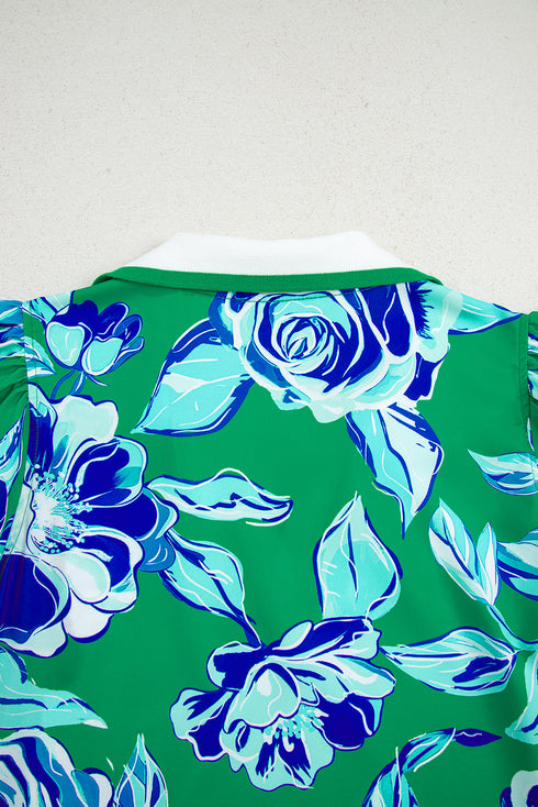 Collared V Neck Ruffled Cap Sleeve Shift Floral Dress