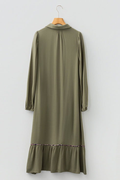 Collared V Neck Smocked Leopard Print Bracelet Sleeve Maxi Dress