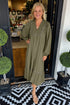 Collared V Neck Smocked Leopard Print Bracelet Sleeve Maxi Dress