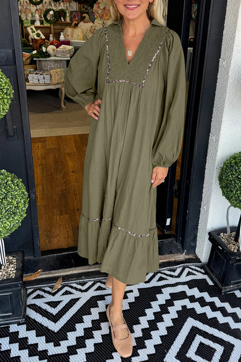 Collared V Neck Smocked Leopard Print Bracelet Sleeve Maxi Dress
