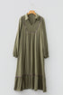 Collared V Neck Smocked Leopard Print Bracelet Sleeve Maxi Dress
