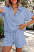 Collared V Neck Tee Drawstring Elastic Waist Short Sets