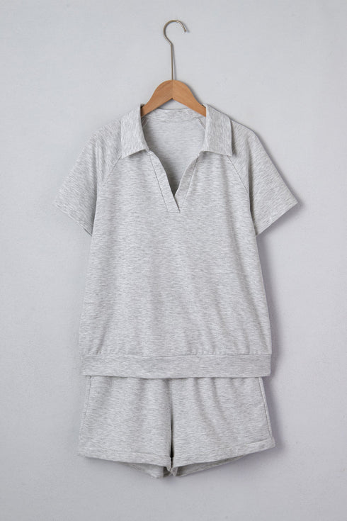 Collared V Neck Tee Drawstring Elastic Waist Short Sets