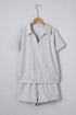 Collared V Neck Tee Drawstring Elastic Waist Short Sets