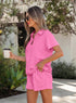 Collared V Neck Tee Drawstring Elastic Waist Short Sets