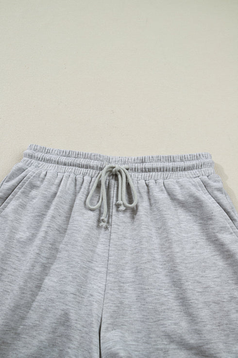Collared V Neck Tee Drawstring Elastic Waist Short Sets
