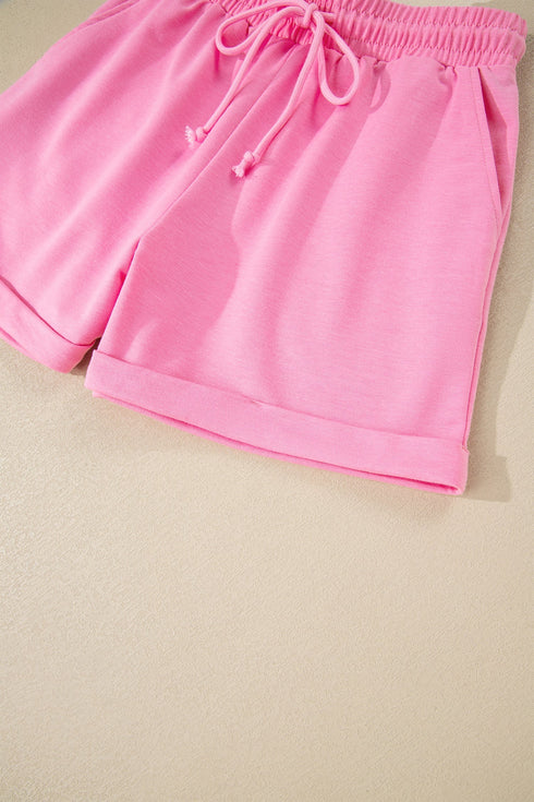 Collared V Neck Tee Drawstring Elastic Waist Short Sets