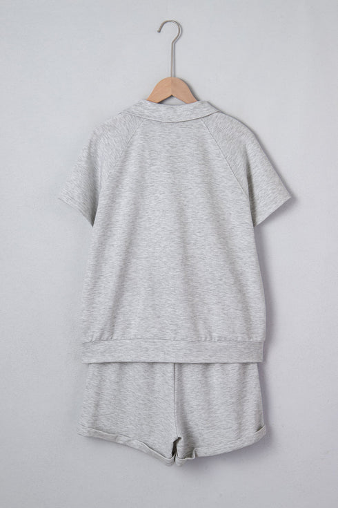 Collared V Neck Tee Drawstring Elastic Waist Short Sets