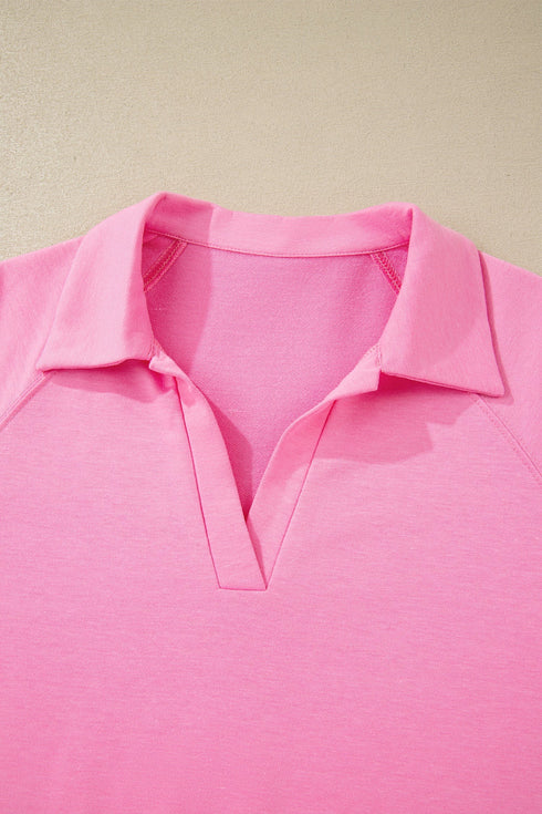 Collared V Neck Tee Drawstring Elastic Waist Short Sets