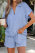 Collared V Neck Tee Drawstring Elastic Waist Short Sets