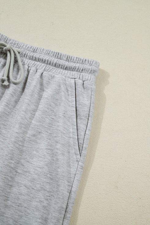Collared V Neck Tee Drawstring Elastic Waist Short Sets