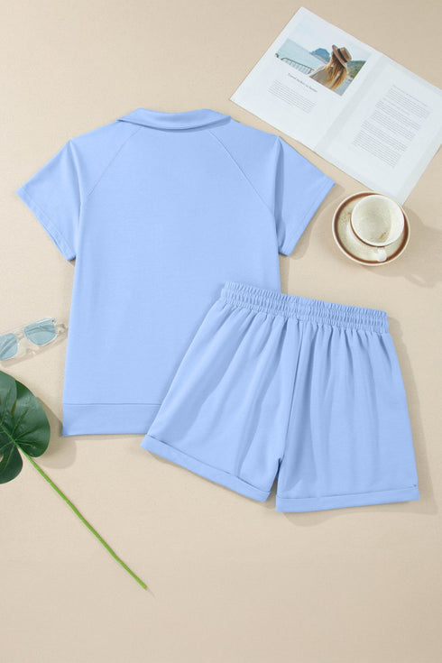 Collared V Neck Tee Drawstring Elastic Waist Short Sets