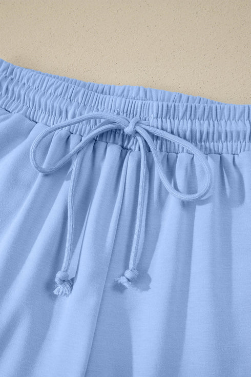 Collared V Neck Tee Drawstring Elastic Waist Short Sets