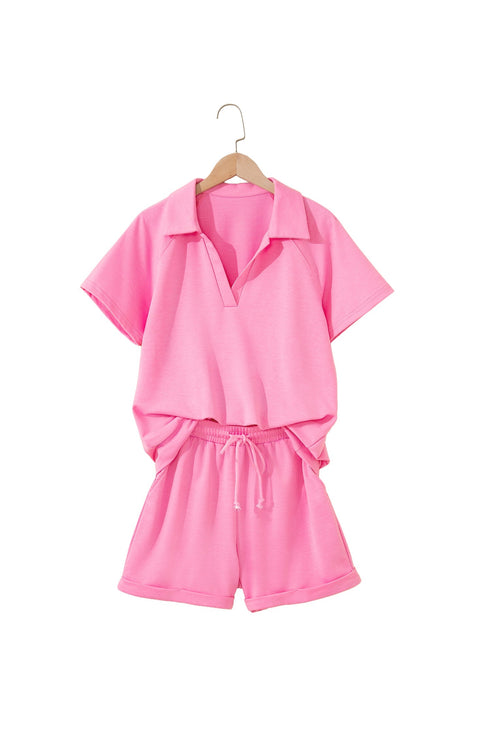 Collared V Neck Tee Drawstring Elastic Waist Short Sets