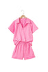Collared V Neck Tee Drawstring Elastic Waist Short Sets