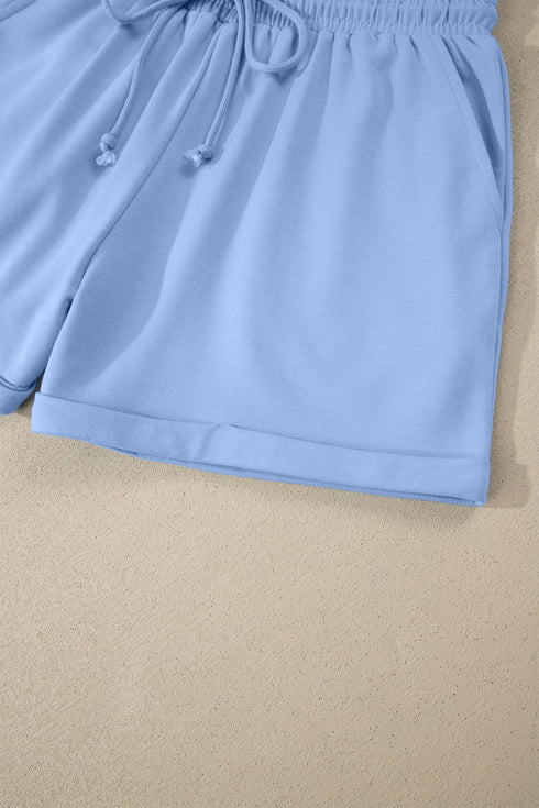 Collared V Neck Tee Drawstring Elastic Waist Short Sets