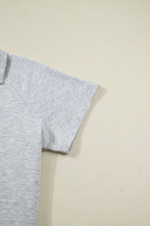 Collared V Neck Tee Drawstring Elastic Waist Short Sets