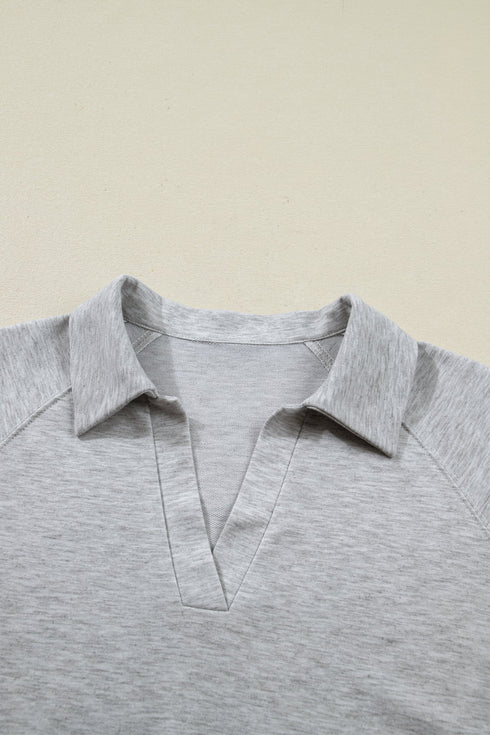 Collared V Neck Tee Drawstring Elastic Waist Short Sets