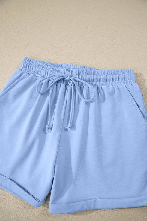 Collared V Neck Tee Drawstring Elastic Waist Short Sets