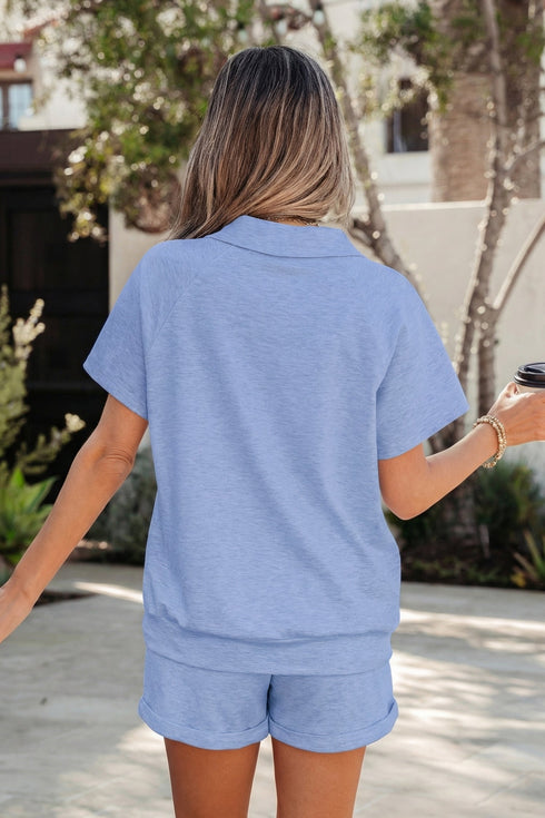 Collared V Neck Tee Drawstring Elastic Waist Short Sets