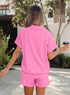 Collared V Neck Tee Drawstring Elastic Waist Short Sets