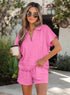 Collared V Neck Tee Drawstring Elastic Waist Short Sets