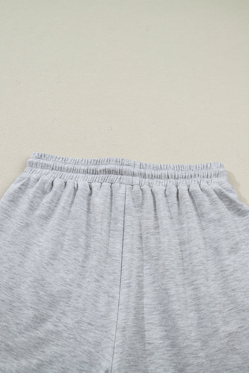 Collared V Neck Tee Drawstring Elastic Waist Short Sets
