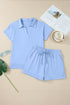 Collared V Neck Tee Drawstring Elastic Waist Short Sets
