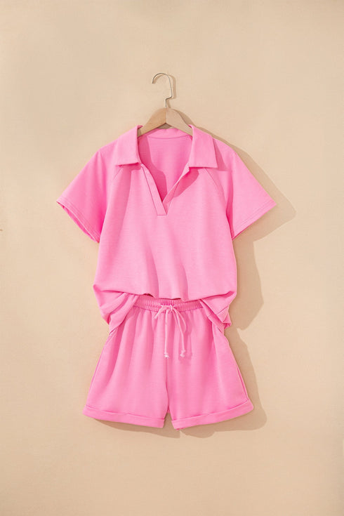 Collared V Neck Tee Drawstring Elastic Waist Short Sets