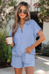 Collared V Neck Tee Drawstring Elastic Waist Short Sets