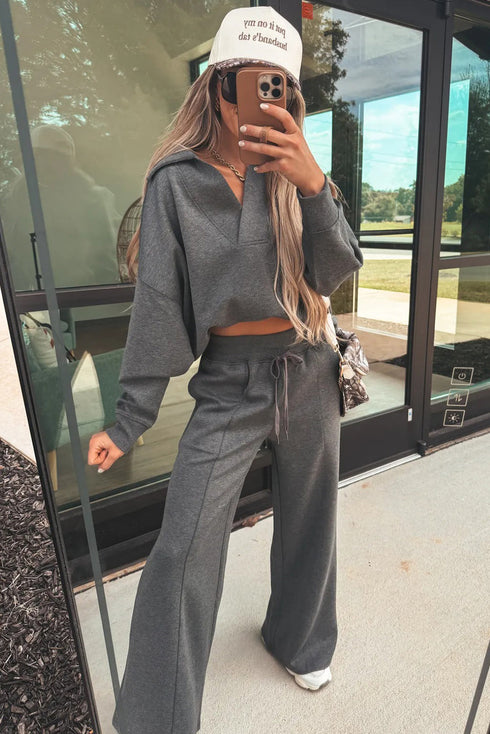 Collared V Neck Wide Leg Sweatshirt Pant Sets