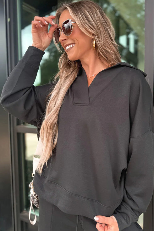 Collared V Neck Wide Leg Sweatshirt Pant Sets