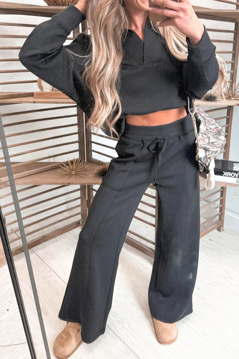 Collared V Neck Wide Leg Sweatshirt Pant Sets