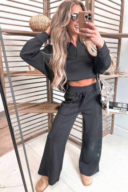 Collared V Neck Wide Leg Sweatshirt Pant Sets