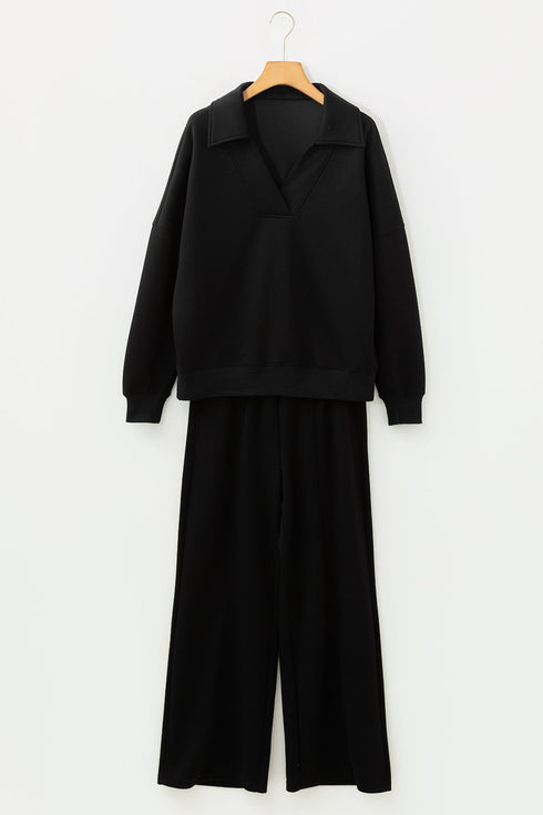 Collared V Neck Wide Leg Sweatshirt Pant Sets
