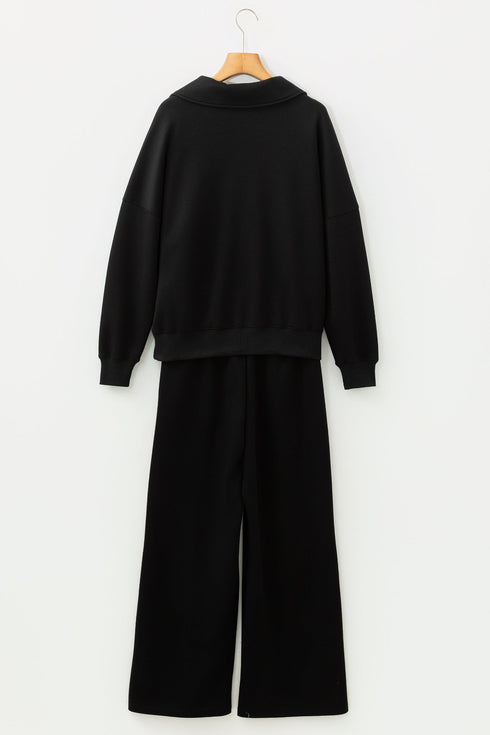 Collared V Neck Wide Leg Sweatshirt Pant Sets