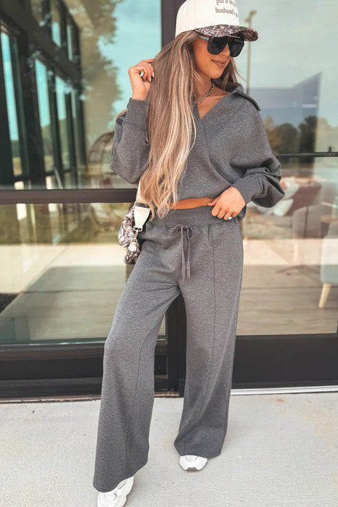 Collared V Neck Wide Leg Sweatshirt Pant Sets
