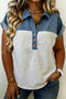 Collared Western Denim Patchwork Half Button Short Sleeve Shirt